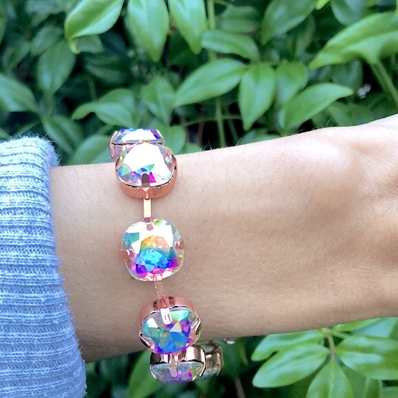 Aurora Borealis Cushion Cut Rose Gold Crystal Tennis Bracelet - Picture 3 of 7